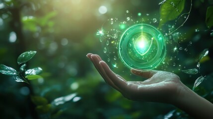 A hand holding a glowing flower in a green field
