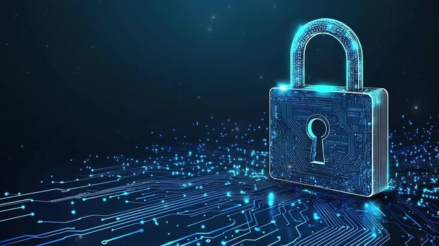 Cybersecurity digital data protection concept. Digital data security padlock on futuristic circuit board. Digital security system. Abstract futuristic cybersecurity. High technology. Copy space area