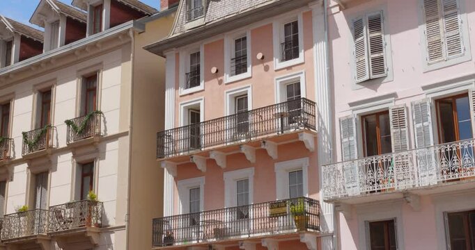 French architecture detail of a leading town of the "Belle &Eacute;poque" era in Aix-les-Bains, France on a sunny day. 4k.