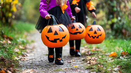 silhouette of children going to celebrate halloween party trick or treat carrying jack o lantern