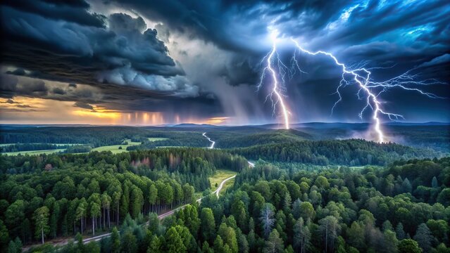 Aerial view of magical lightning striking forest at night during storm