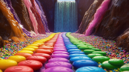 A rainbow pathway made of Skittles leading to a distant chocolate waterfall