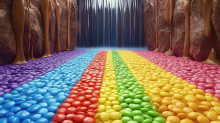 A rainbow pathway made of Skittles leading to a distant chocolate waterfall