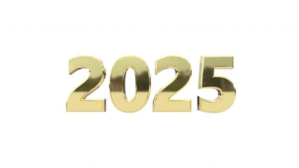 2025 Happy New Year 3d text animation in Golden and white Color with alpha matt to remove or replace background. 2025 3d Animation.