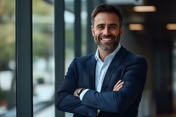 Naklejka premium Confident Businessman Smiles with Arms Crossed in Office