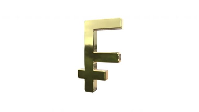 Golden Swiss Franc Currency symbol of Switzerland and Liechtenstein Rotating on a clean white Background, with chroma key and alpha channel to remove background