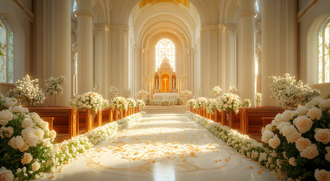 A breathtaking image of a grand cathedral aisle, exquisitely decorated with white roses and lush floral arrangements leading to an ornate altar.