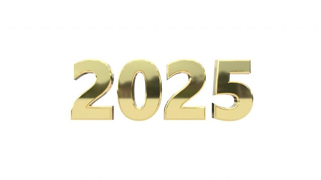 2025 Happy New Year 3d text animation in Golden and white Color with alpha matt to remove or replace background. 2025 3d Animation.