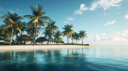 Obraz premium A beautiful beach scene with palm trees and a blue ocean