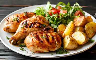 Grilled Chicken with Roasted Potatoes and Salad on a Plate