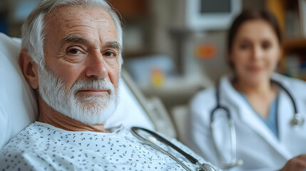 A patient in a hospital bed with a nurse in the background.