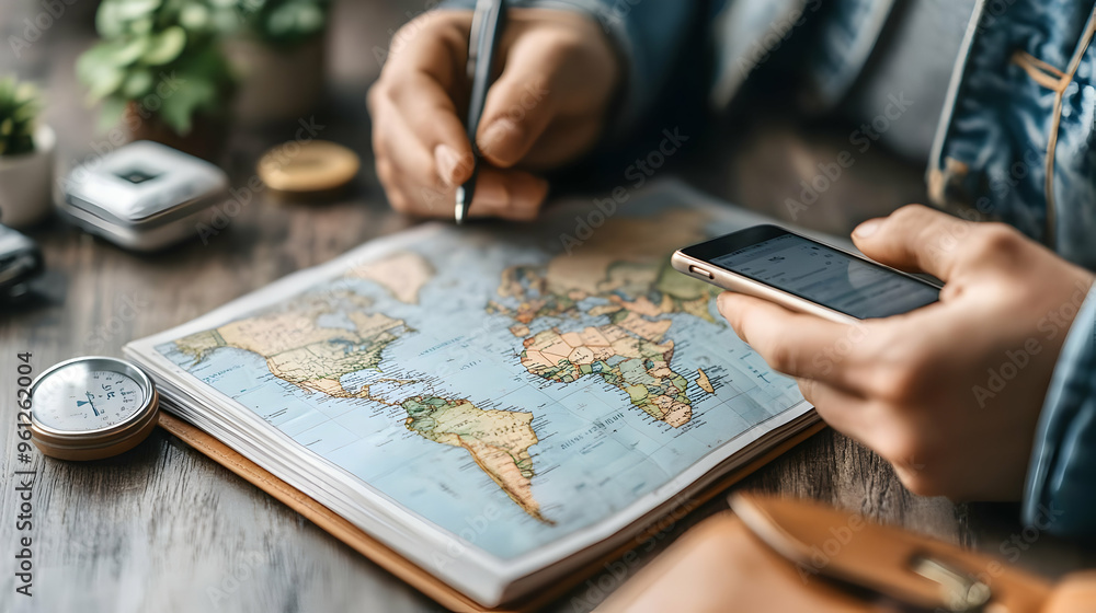 Poster a person analyzing a world map while using a smartphone.