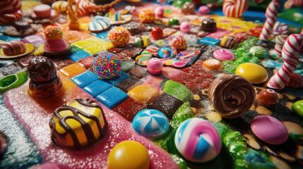 Candyland-style game board with players moving through a world of lollipops, gumdrops, and chocolate squares