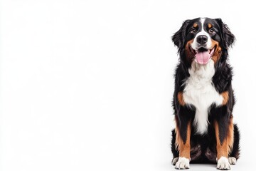 Happy Bernese mountain dog sitting on a white background and looking at the camera with its tongue out, ai