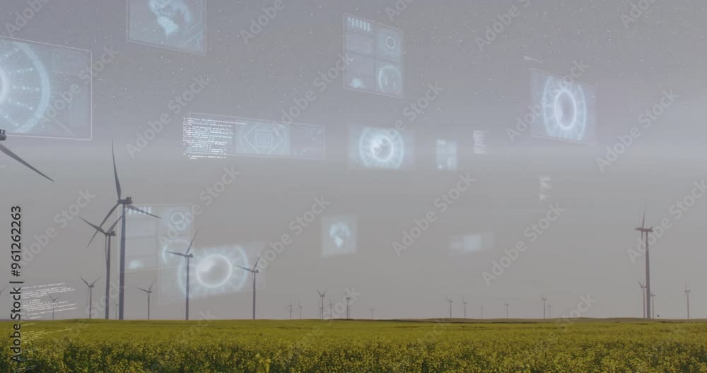 Poster wind turbines in field with futuristic data processing animation over landscape