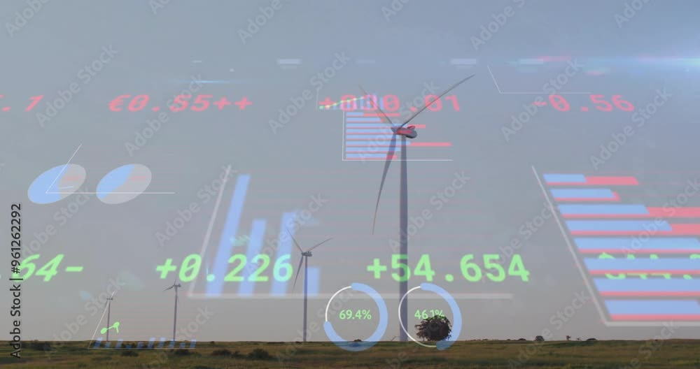 Poster financial data and graphs animation over wind turbines in field