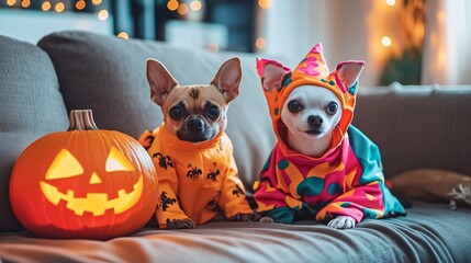 Two cute chihuahua dogs wearing costumes are sitting on a sofa near a carved pumpkin for halloween celebration
