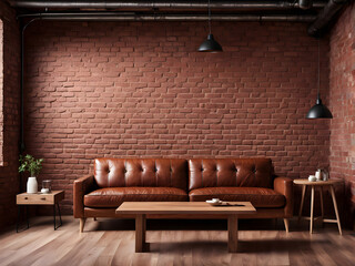 Obraz premium Loft interior mock up photo. Brown red brick wall with leather sofa and minimalist wooden table. Background photo with copy space for text. Horizontal