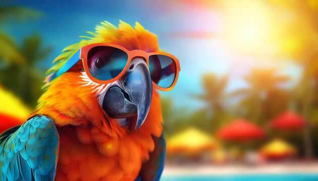 perroquet ara avec lunettes de soleil. Fond flou. Concept de vacances d'&eacute;t&eacute;