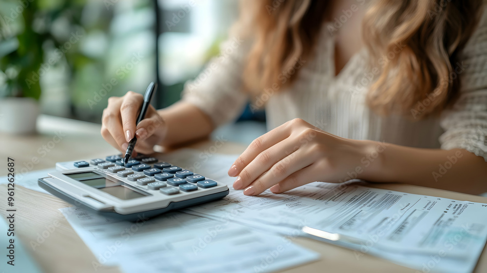 Poster a person calculating finances with a calculator and documents.