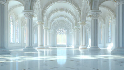 This image showcases a stunning white Gothic hall bathed in natural light, featuring soaring arches and tall columns that evoke a sense of grandeur and tranquility. 