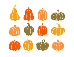 Pumpkins Flat Autumn Set. Seasonal Squash Doodle Collection. Fall Harvest Stylized Gourds Bundle.