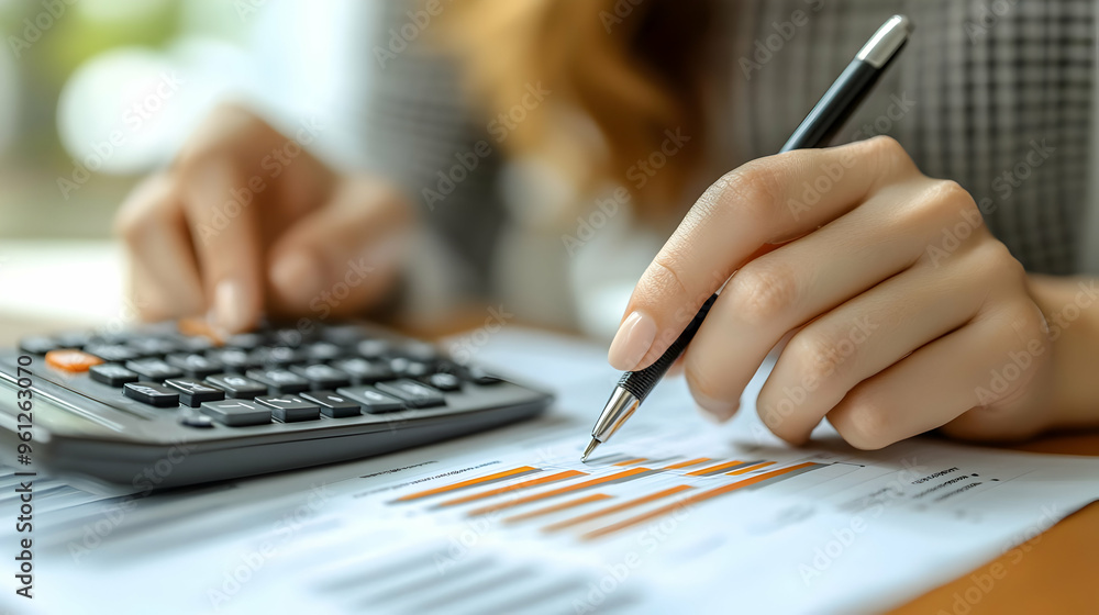 Aufkleber a person calculating financial data with a calculator and pen.