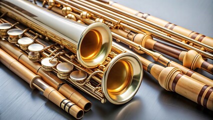 Naklejka premium Aerial view of plastic and metal mouthpiece with bamboo canes for saxophone