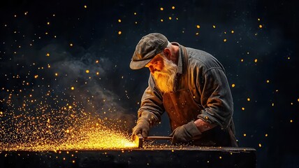 Old-world artisan blacksmith hammering molten metal, sparks flying, dark rustic workshop, dramatic lighting, steampunk, realistic