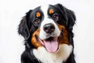 Happy Bernese mountain dog sitting on a white background and looking at the camera with its tongue out , ai