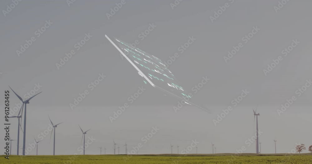 Poster tablet interface with data animation over wind turbines in field