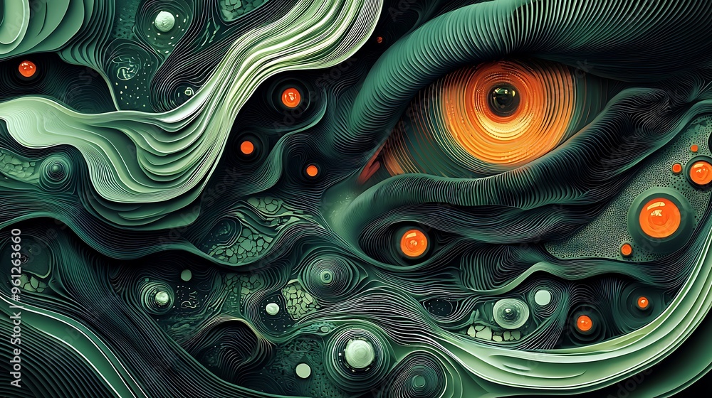 Poster an abstract eye with layers of green and orange, rippling with texture.