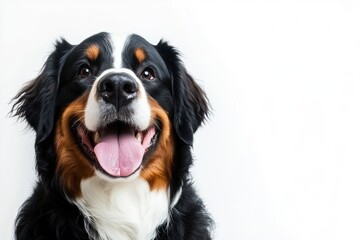 Fototapeta premium Happy Bernese mountain dog sitting on a white background and looking at the camera with its tongue out , ai