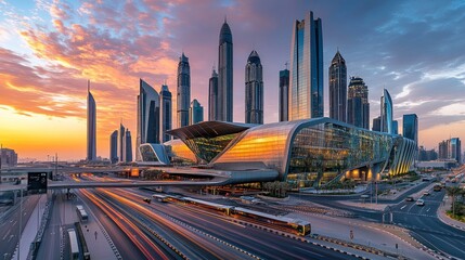 A city skyline with a large building in the middle