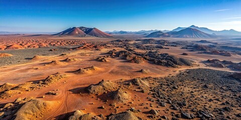 Fototapeta premium Aerial view of red desert with black volcanic rocks and hills in distance