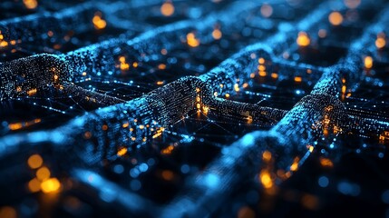 A digital network illuminated by the contrasting glow of blue and orange lights.