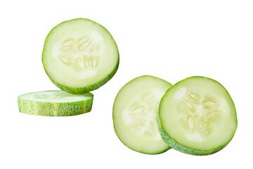 Front view set of fresh green cucumber slices in circle shape in stack isolated on white background with clipping path