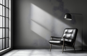 Fototapeta premium A minimalist gray room featuring an empty wall, a black leather armchair