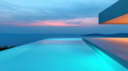 Fototapeta premium Modern infinity pool with stunning sunset view over tranquil sea and sky, reflecting peaceful ambiance and luxury lifestyle.
