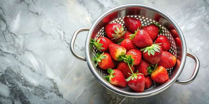 Aerial view of ripe strawberries in stainless steel colander on kitchen counter.