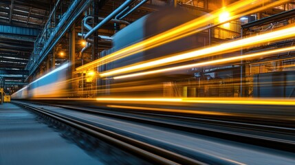 Fast Moving Train with Light Trails in Industrial Setting