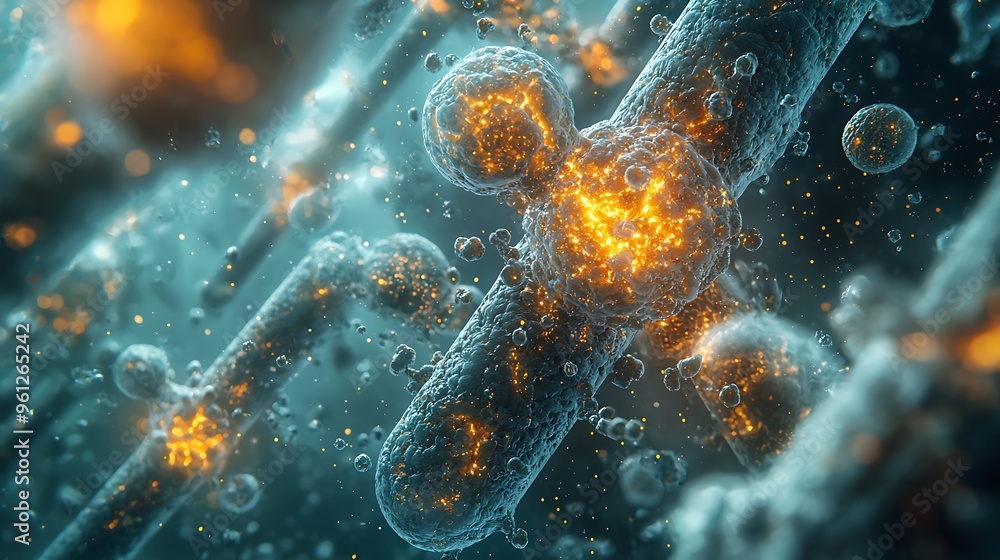 Poster an abstract cell structure glowing with microscopic particles, alive with energy.