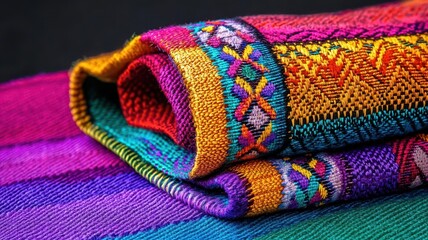 Intricate handwoven fabric, rich cultural patterns, vivid colors, close-up, bohemian, macro photography, detailed textures, artisanal craft