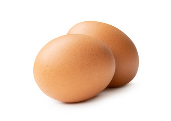 Side view of two fresh brown chicken eggs in stack isolated on white background with clipping path