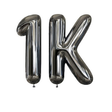 Silver Number Balloons 1K, meaning one thousand, . Holiday Party Decoration, 1k followers or likes, social media or postcard concept with top view