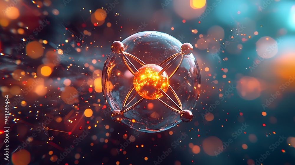Poster an atom with a glowing core, floating in a sea of light and bokeh.