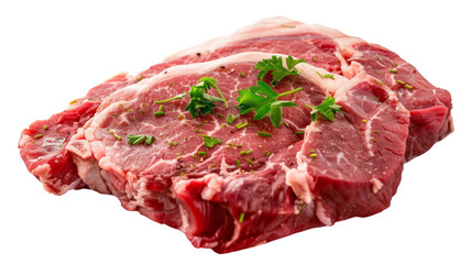 Pieces of raw roast beef meat isolated on a white background. 