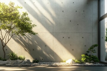 Modern home interior design with zen garden. Luxury house with empty concrete wall with sun light, green tree and outdoor plants , ai