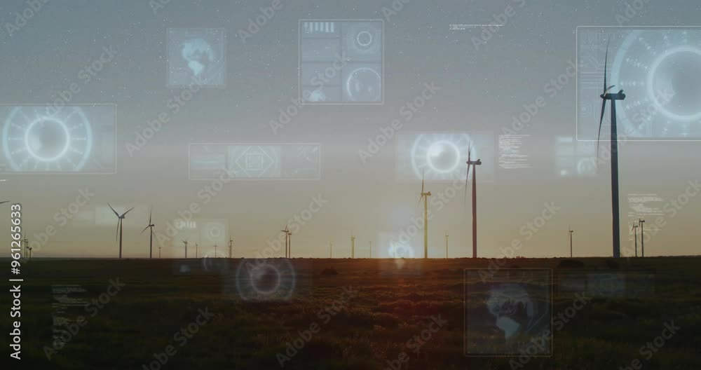 Poster wind turbines generating energy with data processing animation over landscape