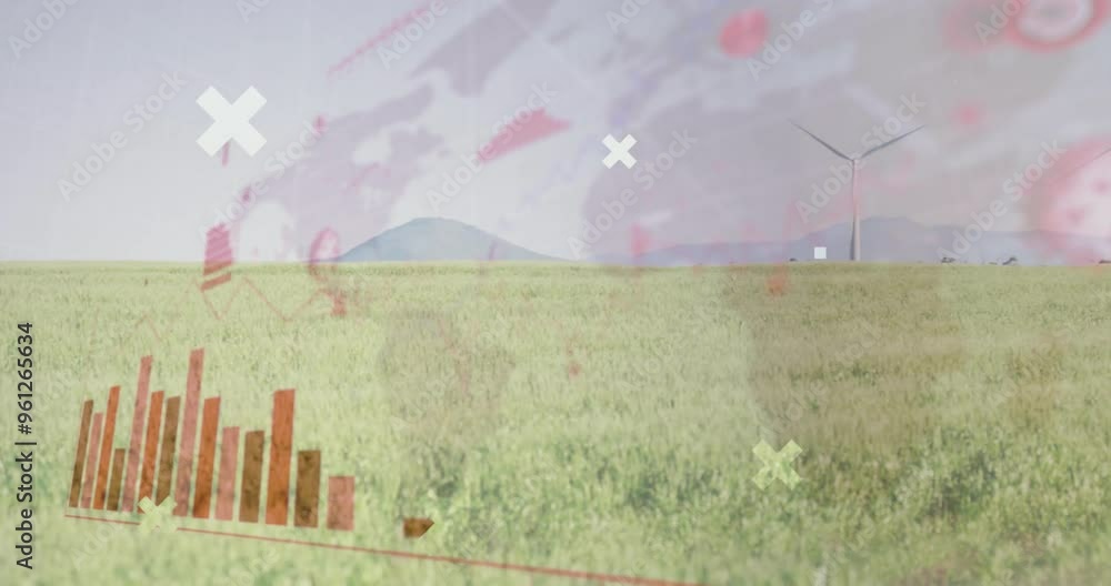 Aufkleber bar chart and world map animation over wind turbine in grassy field
